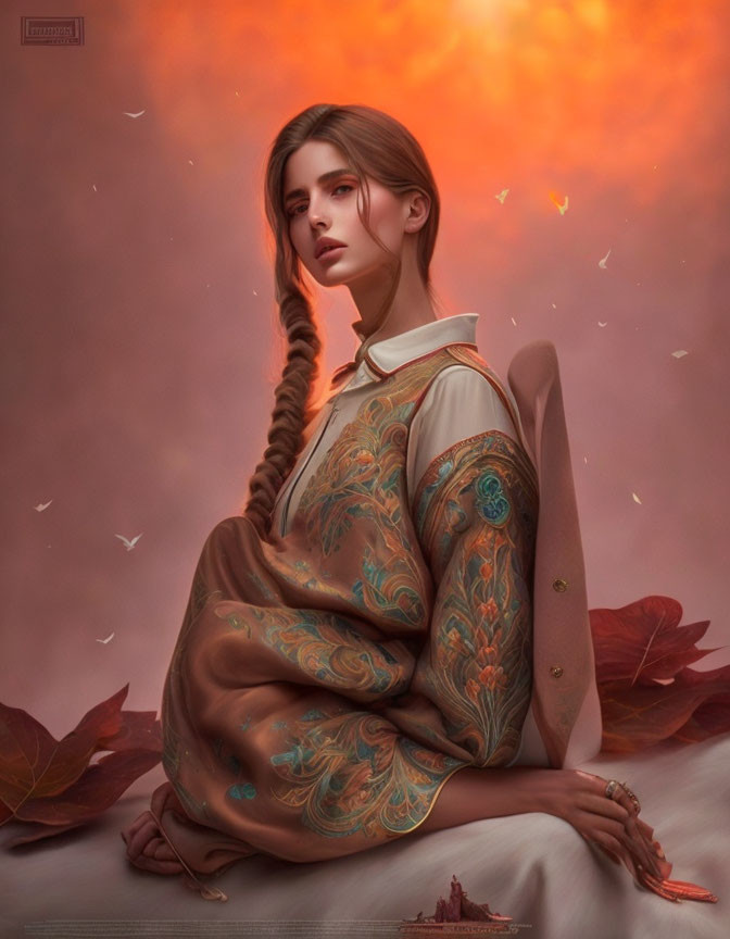 Digital artwork of woman with long braid in patterned cloak under cloudy, reddish sky