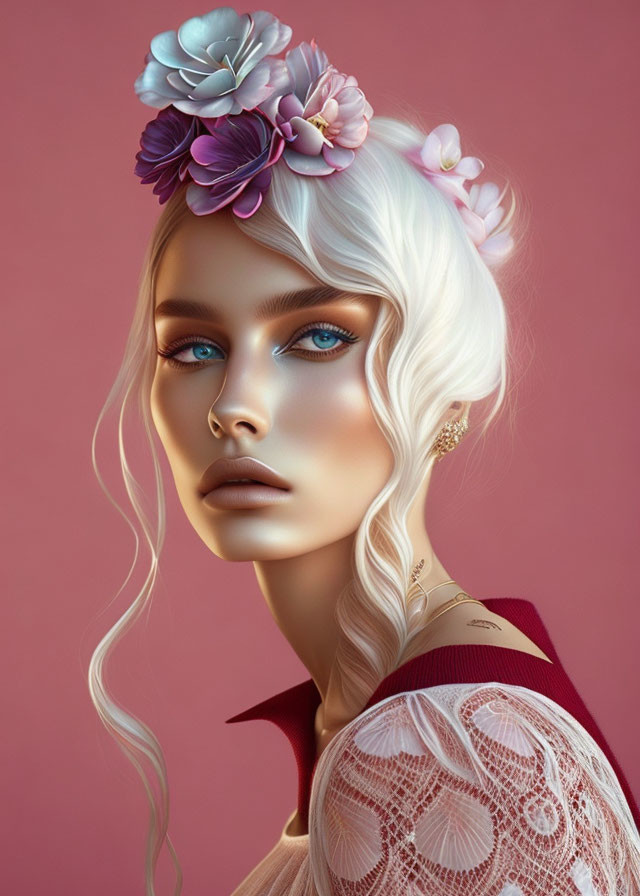 Digital portrait of woman with white hair and pastel flowers, blue eyes, lacy sleeves, red