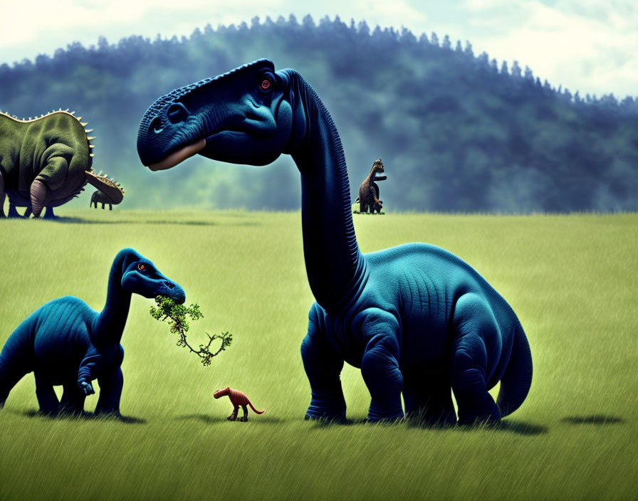 Surreal illustration: human riding dinosaur in grassy field with roaming dinosaurs