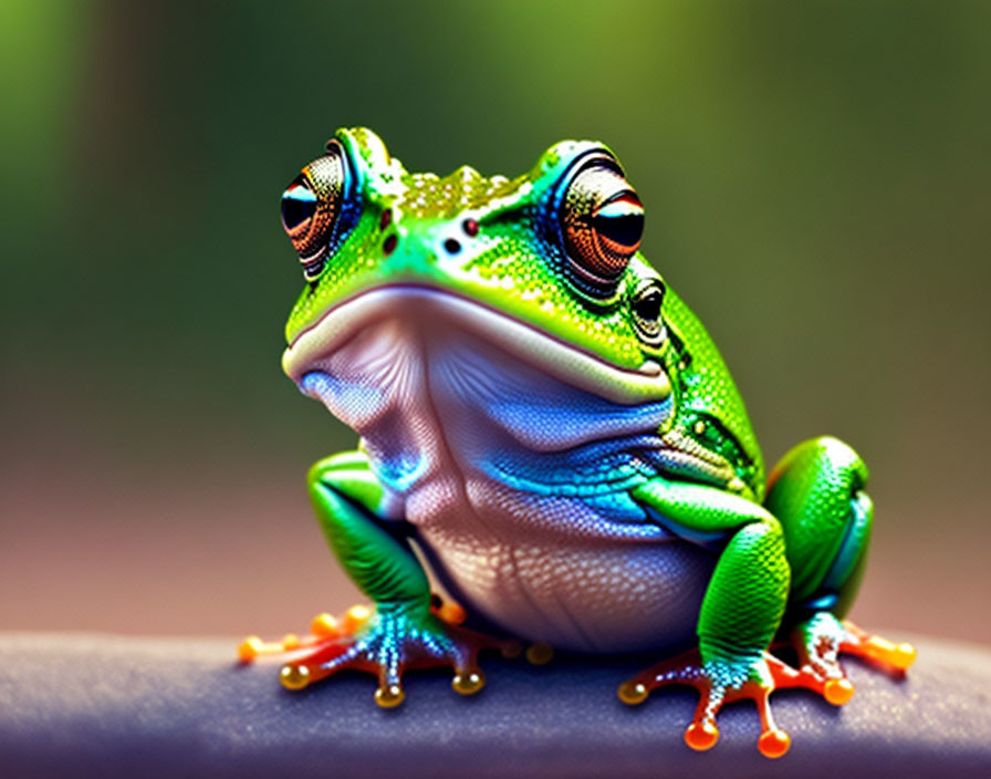 Colorful Green Frog with Orange Toes and Bulging Eyes on Soft Background