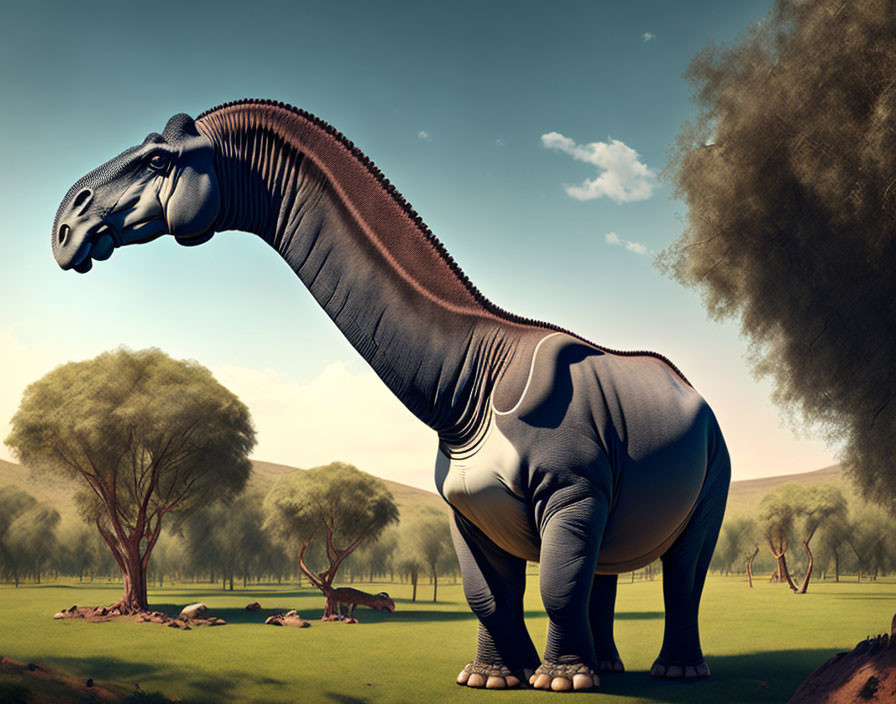 Blue and gray Brachiosaurus in prehistoric landscape with small dinosaurs.