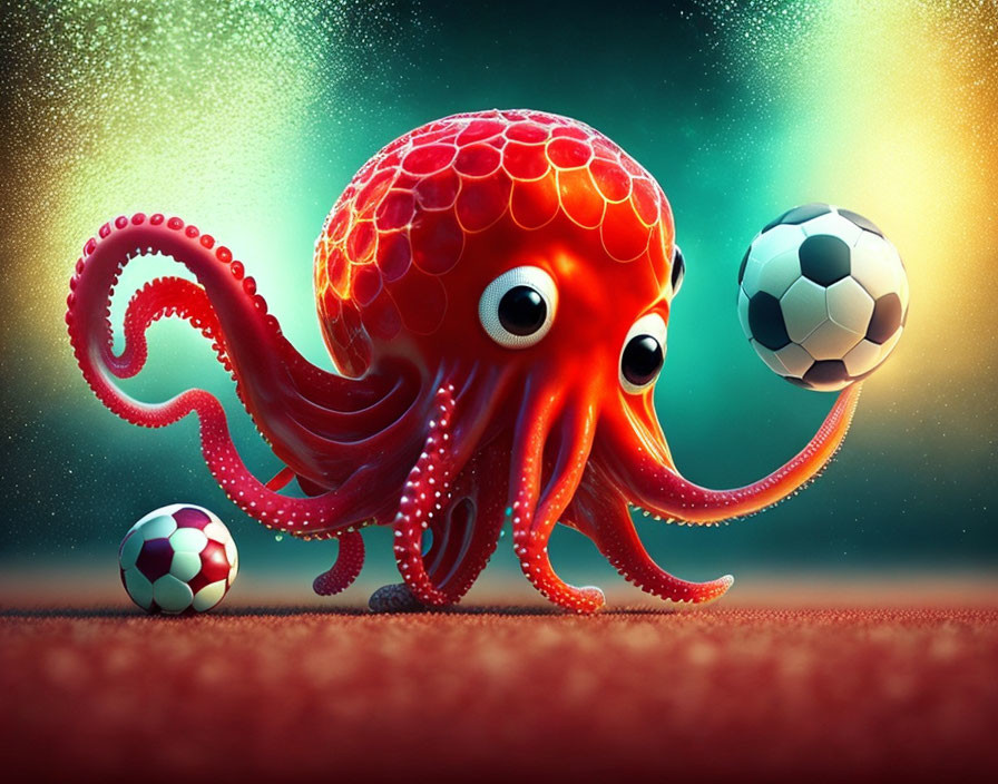 Colorful Red Octopus Dribbling Soccer Ball Art