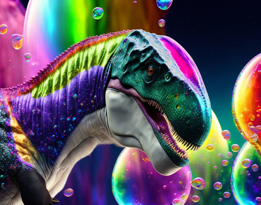 Colorful Tyrannosaurus rex surrounded by psychedelic soap bubbles