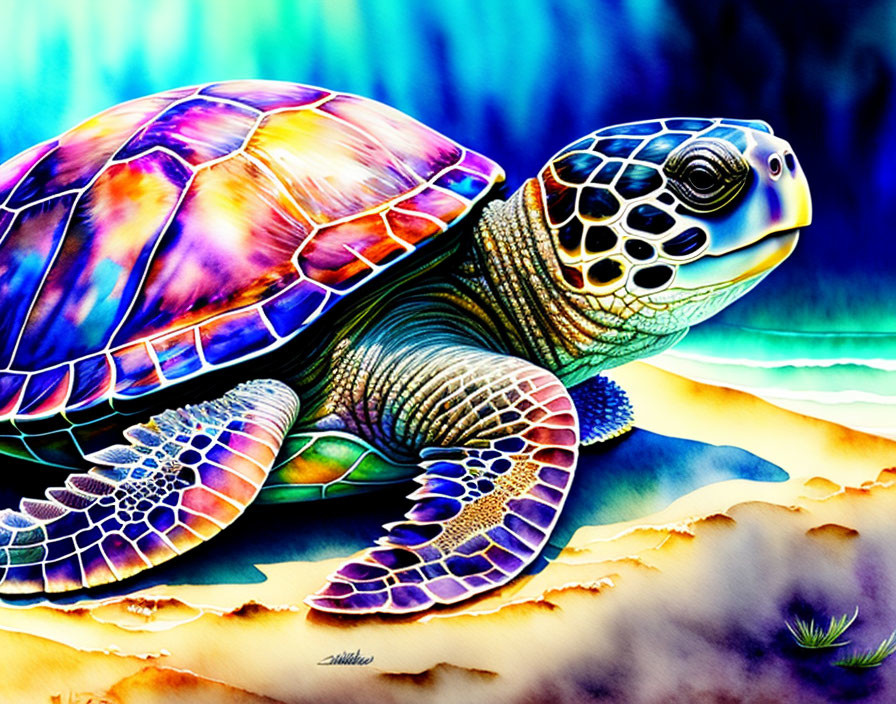 Vibrant Sea Turtle Illustration on Beach with Tropical Scenery