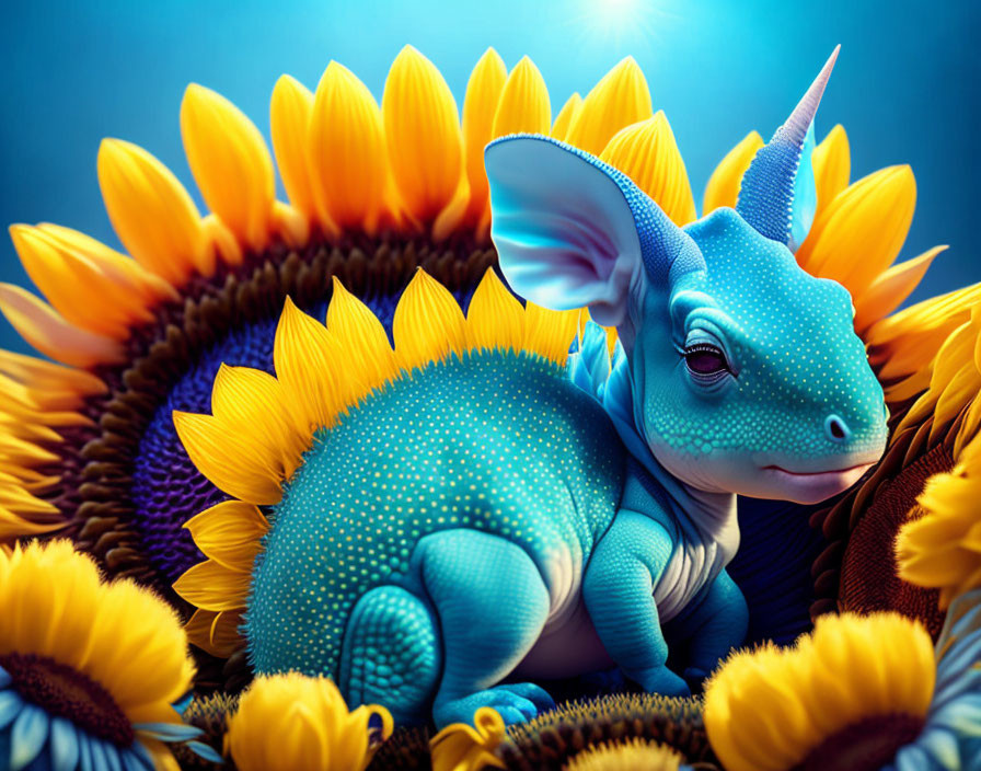 Colorful Dragon Creature Among Sunflowers on Blue Background