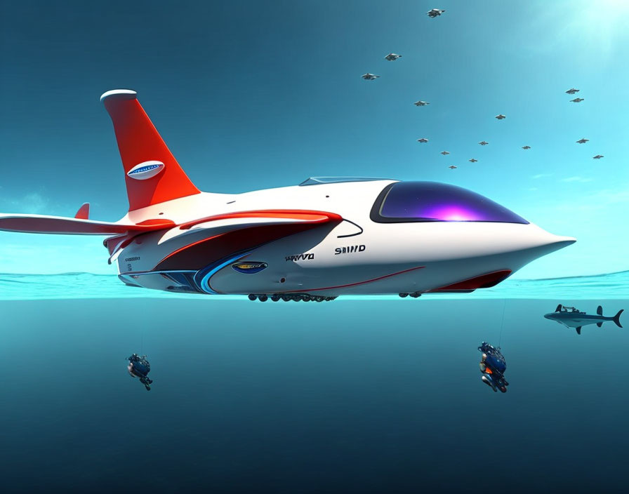 Futuristic red and white submarine with large windows underwater surrounded by divers, fish, and seabird