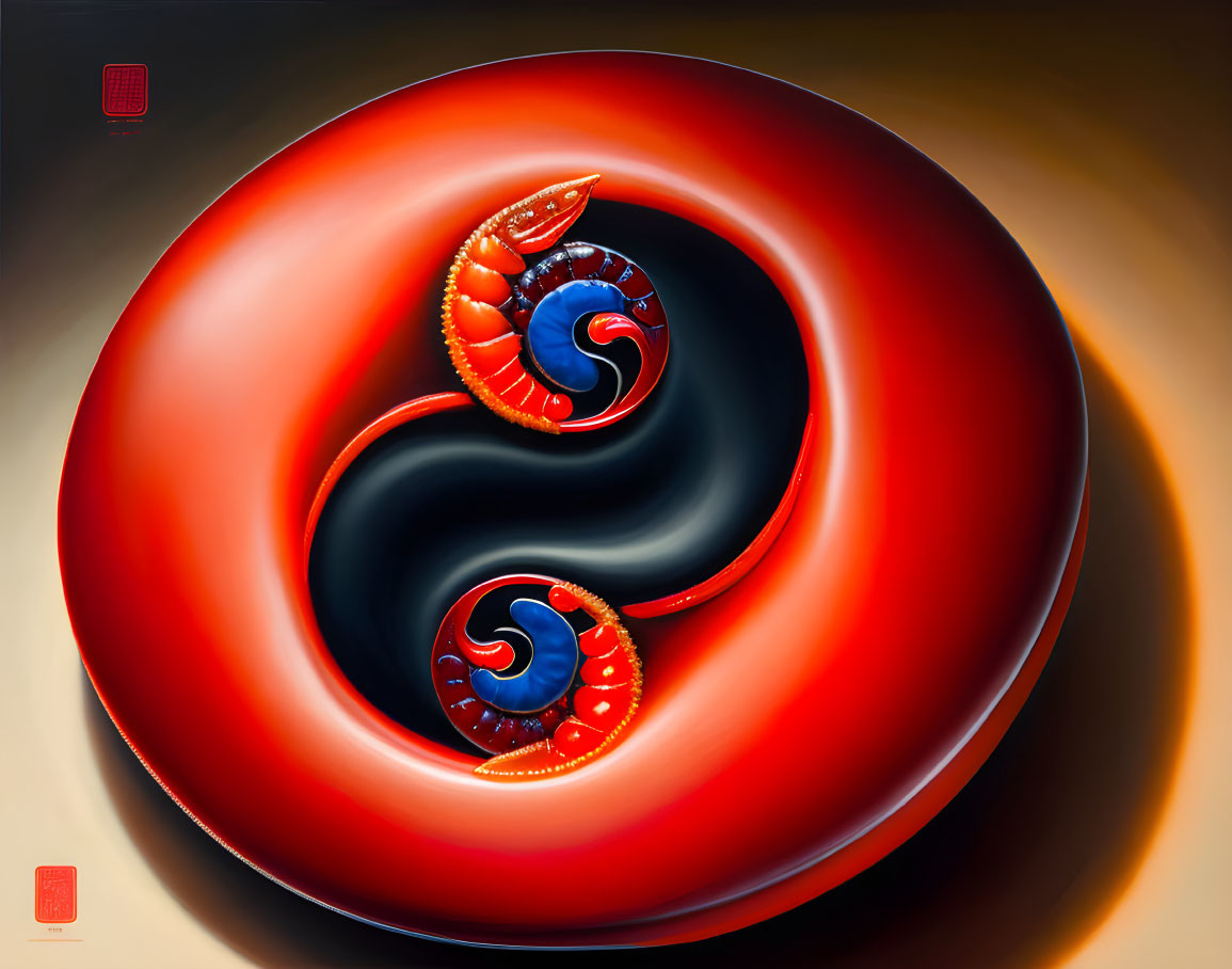 Detailed Yin-Yang Symbol Art with Red and Blue Dragons