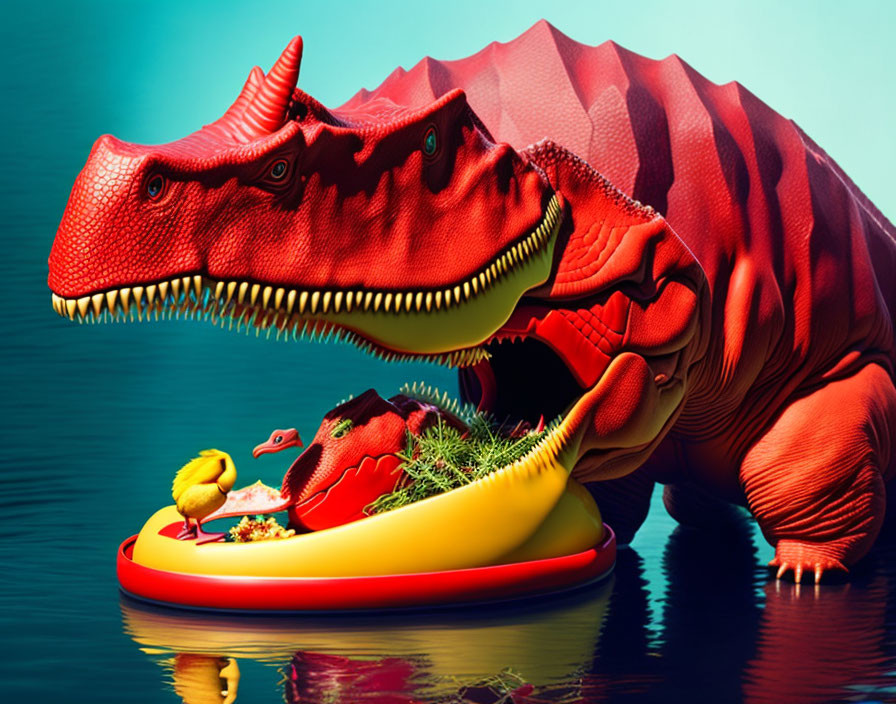 Colorful Dinosaur Relaxing on Yellow Pool Float with Chick and Garden Setup