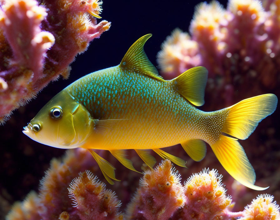 Colorful Yellow Fish with Blue Speckles Among Pink Coral Branches