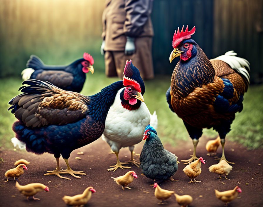 Chickens with Rooster, Hen, Chicks, and Human in Background