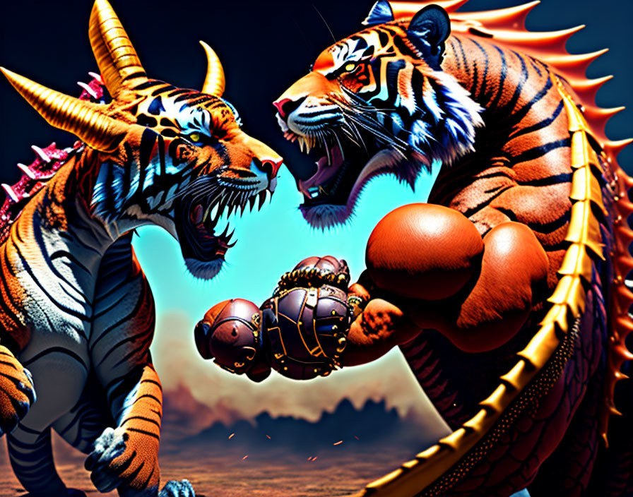 Stylized tigers in colorful armor face off under dramatic sky