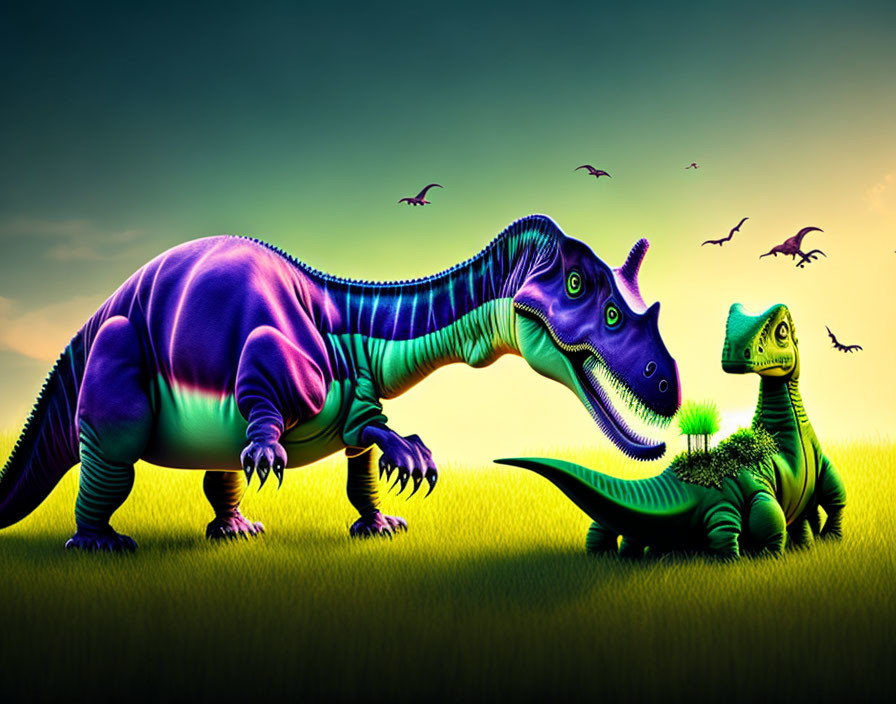 Vibrant dinosaur illustration in vivid prehistoric scene