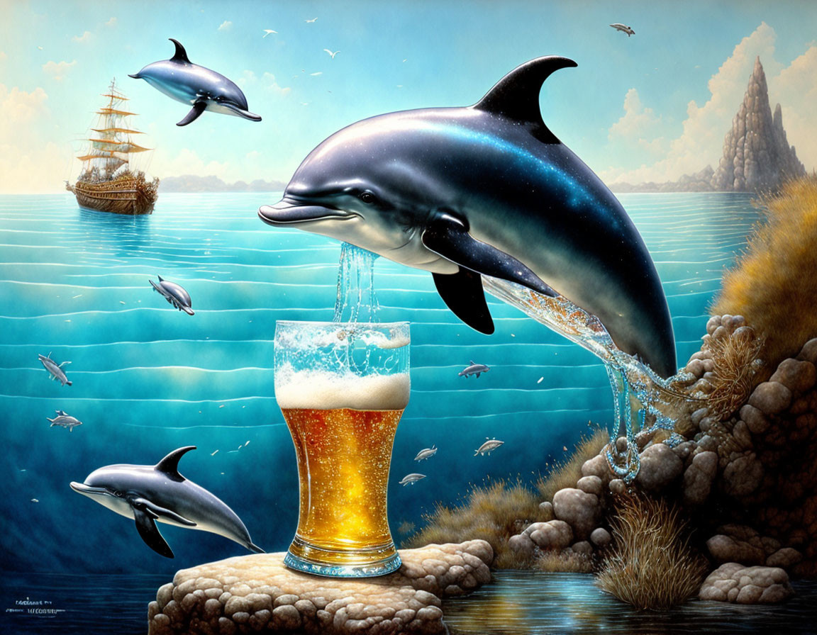 Surreal painting: dolphins, beer glass, ship, mountain