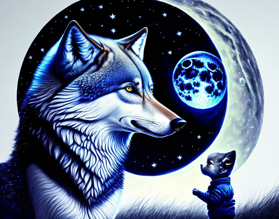 Illustration of adult wolf and cub under starry night sky