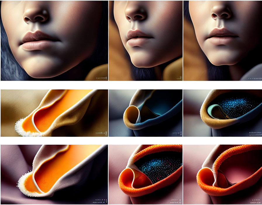 Three Female Faces and Colorful Caviar-like Textures in Ear-shaped Enclosures