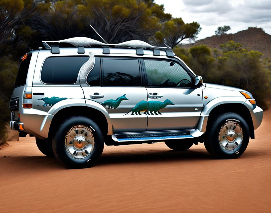 Silver Off-Road Vehicle with Dinosaur Graphics and Roof Rack on Desert Road