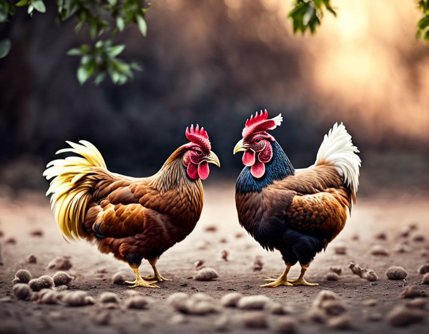 Colorful Roosters on Dirt Path in Natural Setting