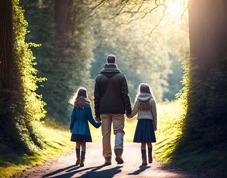 Man Walking with Two Young Girls in Forest Path