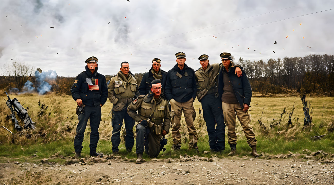 Seven men in military outfits standing in field with smoke and flying debris.