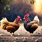 Colorful Roosters on Dirt Path in Natural Setting