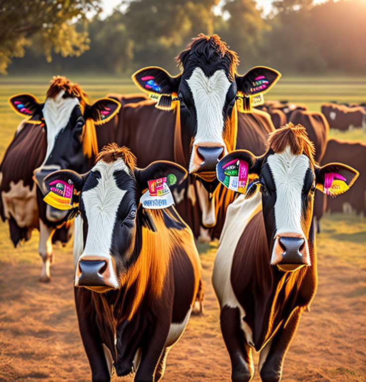 Herd of Cows with Human-Like Faces and Colorful Ear Tags in Sunlit Field