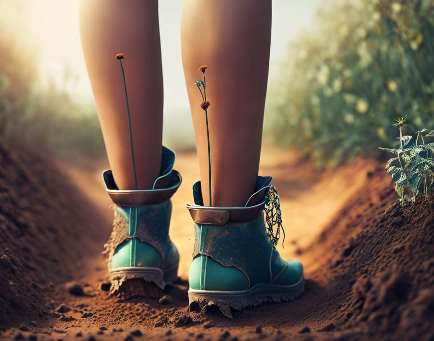 Person on dirt path in teal boots with dandelion design symbolizing nature connection.