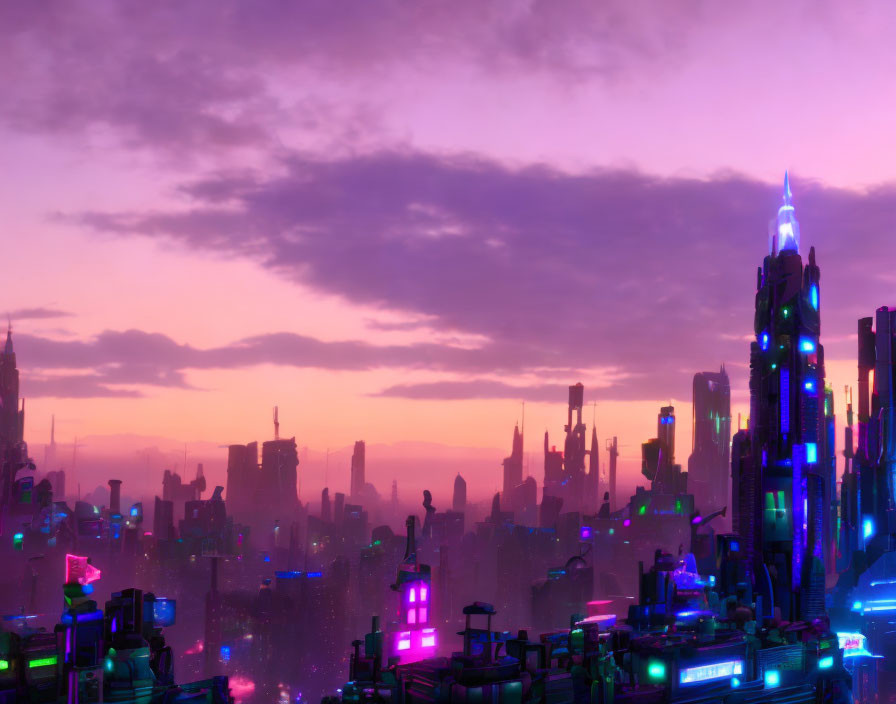 Vivid neon-lit futuristic cityscape at dusk