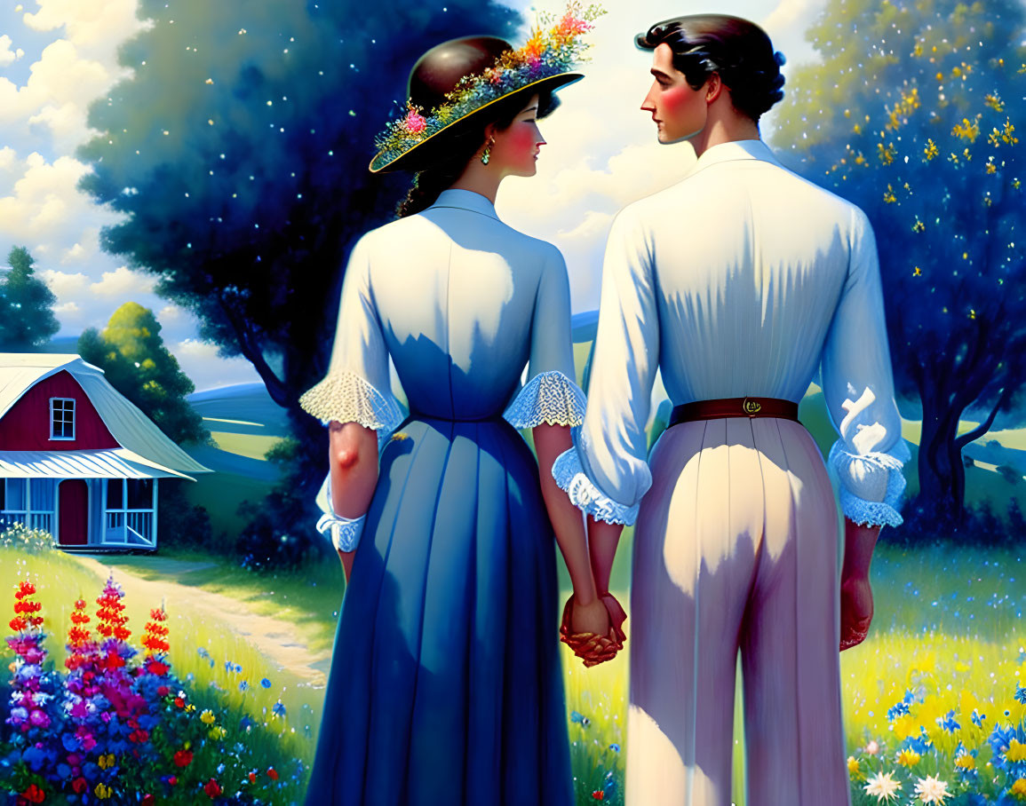 Vintage style illustration of couple holding hands in flower field