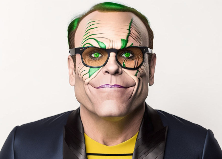 Person with Joker-inspired face paint and shaded glasses smirks in suit