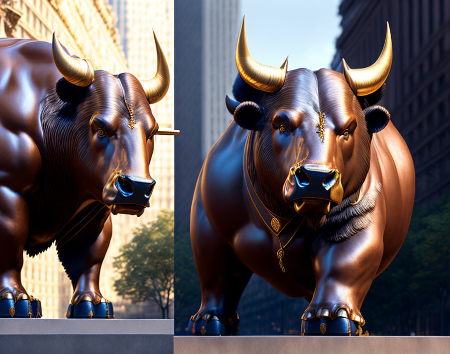 Bronze bull sculpture with city buildings in background under strong sunlight