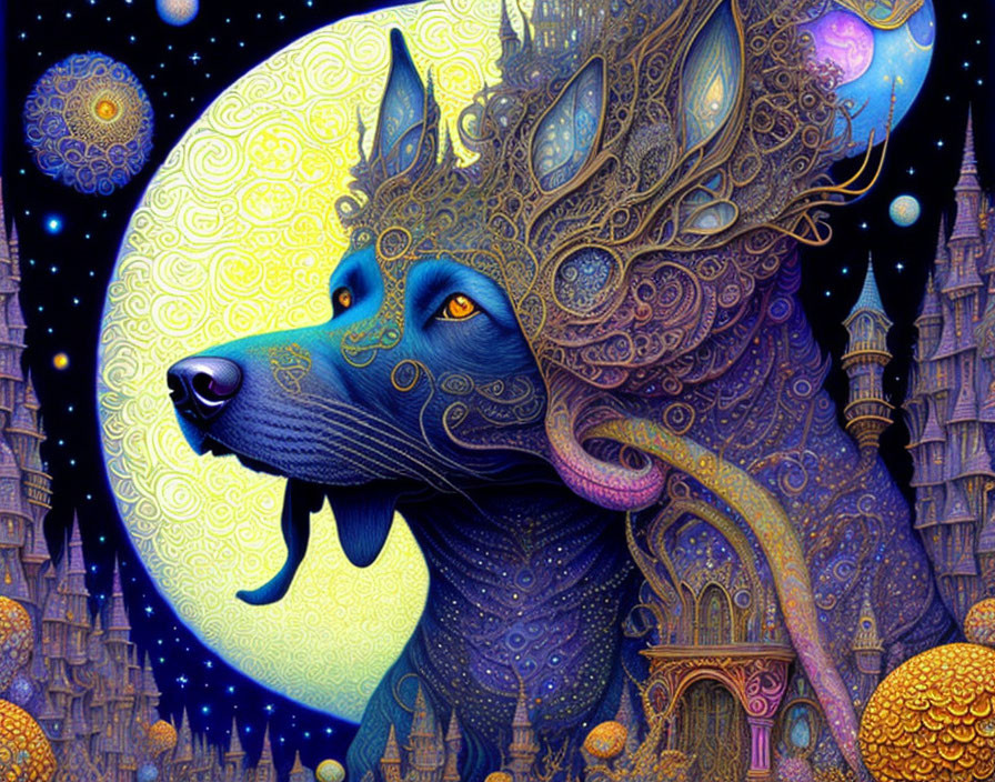 Colorful mythical wolf illustration with cosmic backdrop and intricate patterns