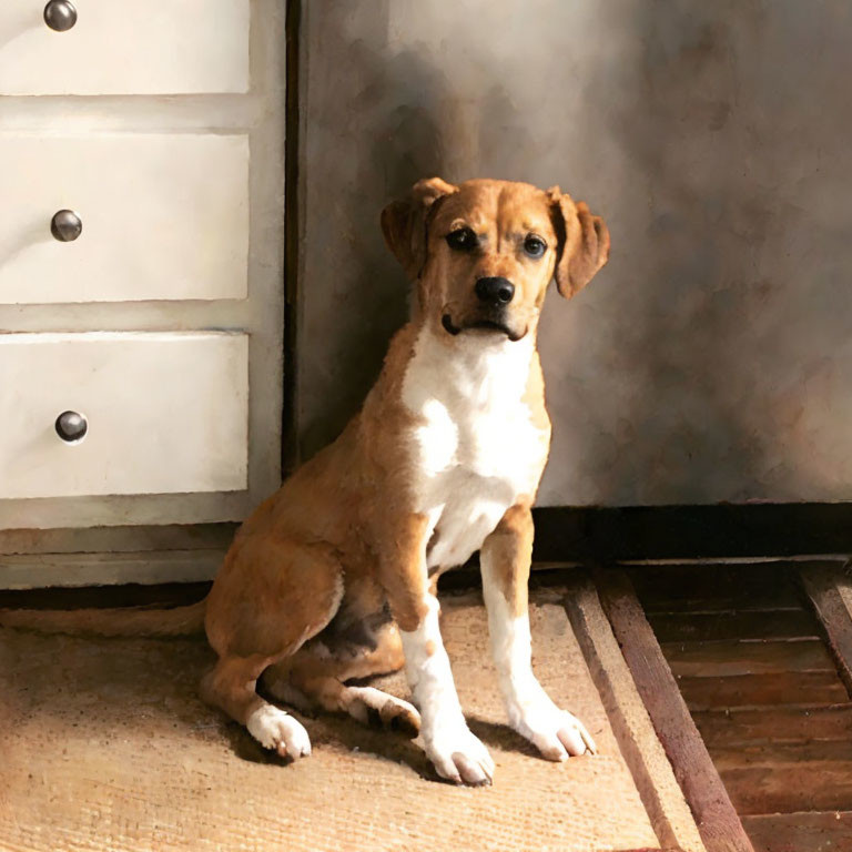 Brown and White Puppy on Textured Mat Beside White Chest of Drawers