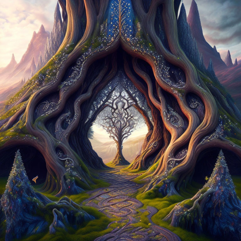 Intricate tree portal in fantastical landscape with lone tree