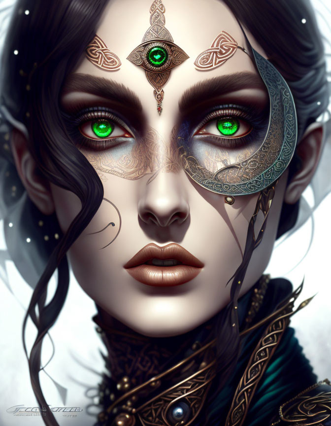 Digital portrait of a woman with green eyes, ornate tattoos, headdress, and jewelry in mystical