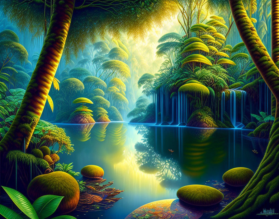 Lush Jungle with Waterfalls, Foliage, and Blue River