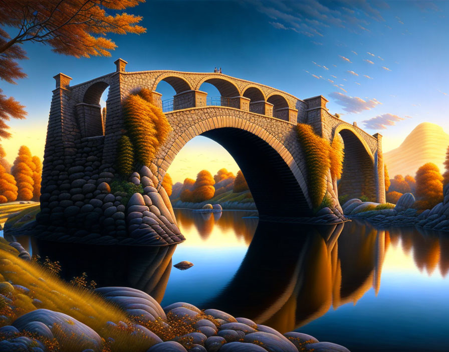 Tranquil river scene with stone bridge and autumn trees