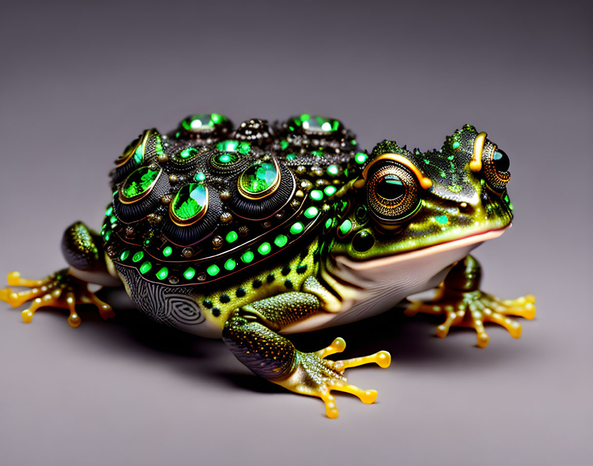 Ornate digitally enhanced frog with jeweled textures on gradient background