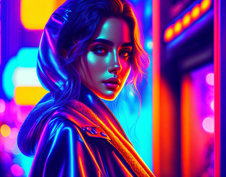 Vivid Neon Portrait of Woman in Hooded Jacket