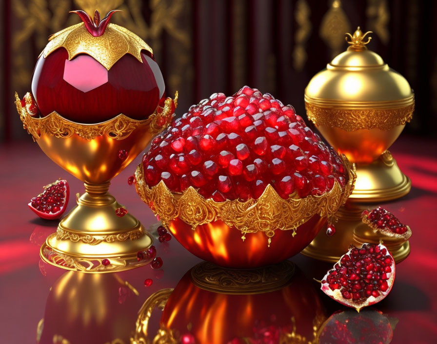 Ornate still life: golden goblet, pomegranate seeds, reflective surface, red