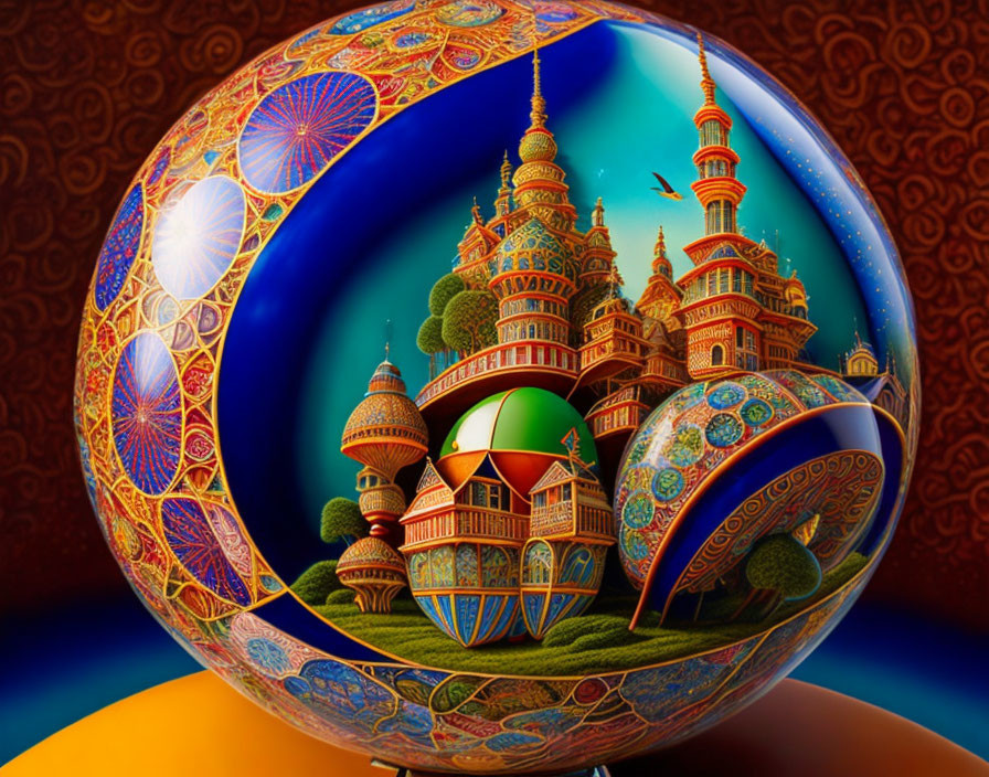 Colorful spherical artwork with ornate structures and reflective surfaces on warm background