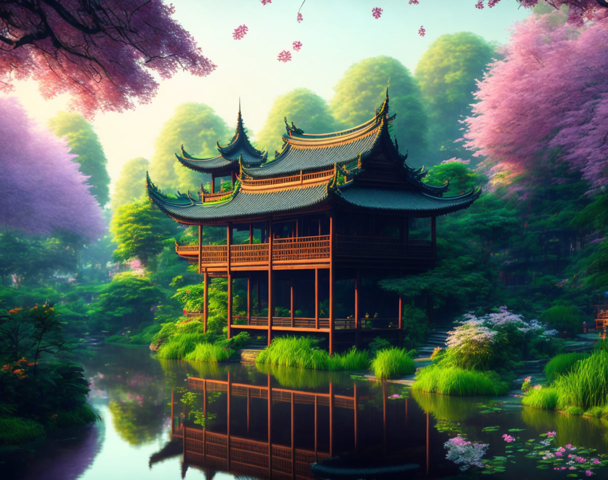 Asian pagoda in serene pond with blooming trees