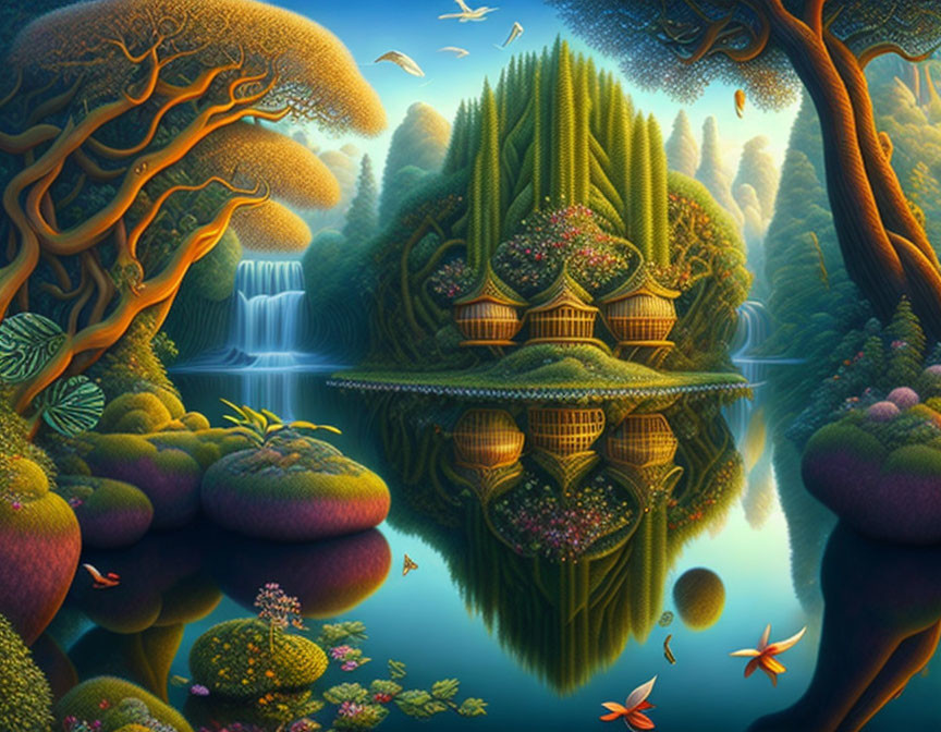 Surreal landscape with mirror-like lake, waterfalls, lush trees, whimsical foliage, and