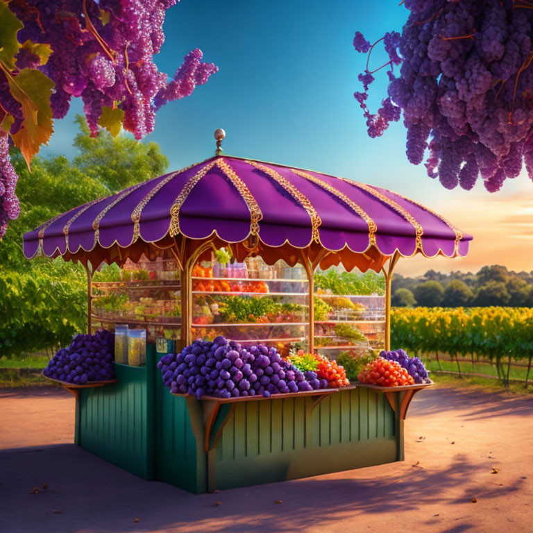 Vibrant fruit kiosk under grape-adorned canopy in golden hour vineyard scene