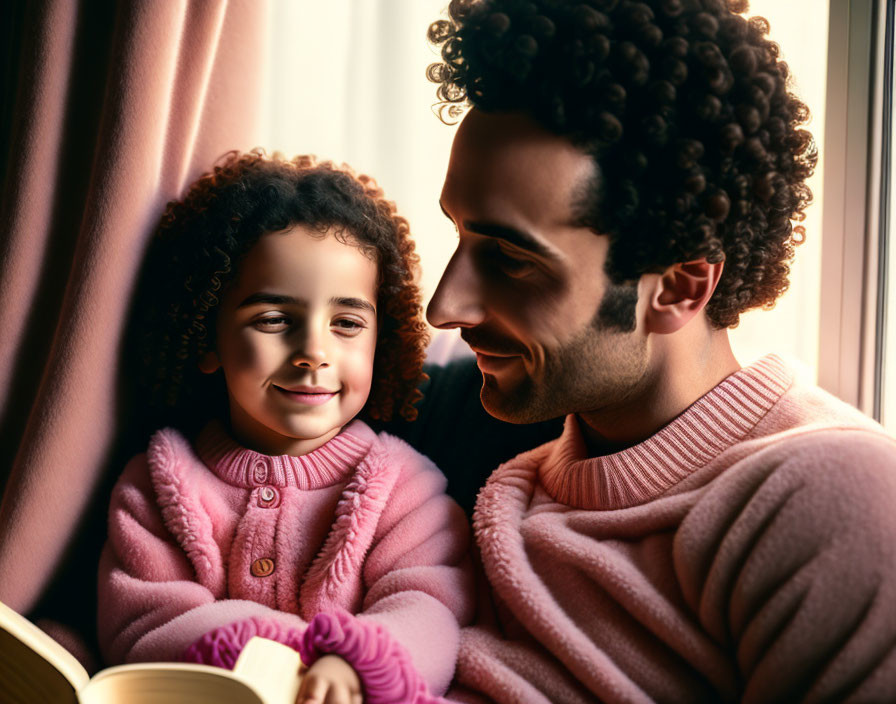 Curly-haired man and girl in pink sweaters smiling indoors