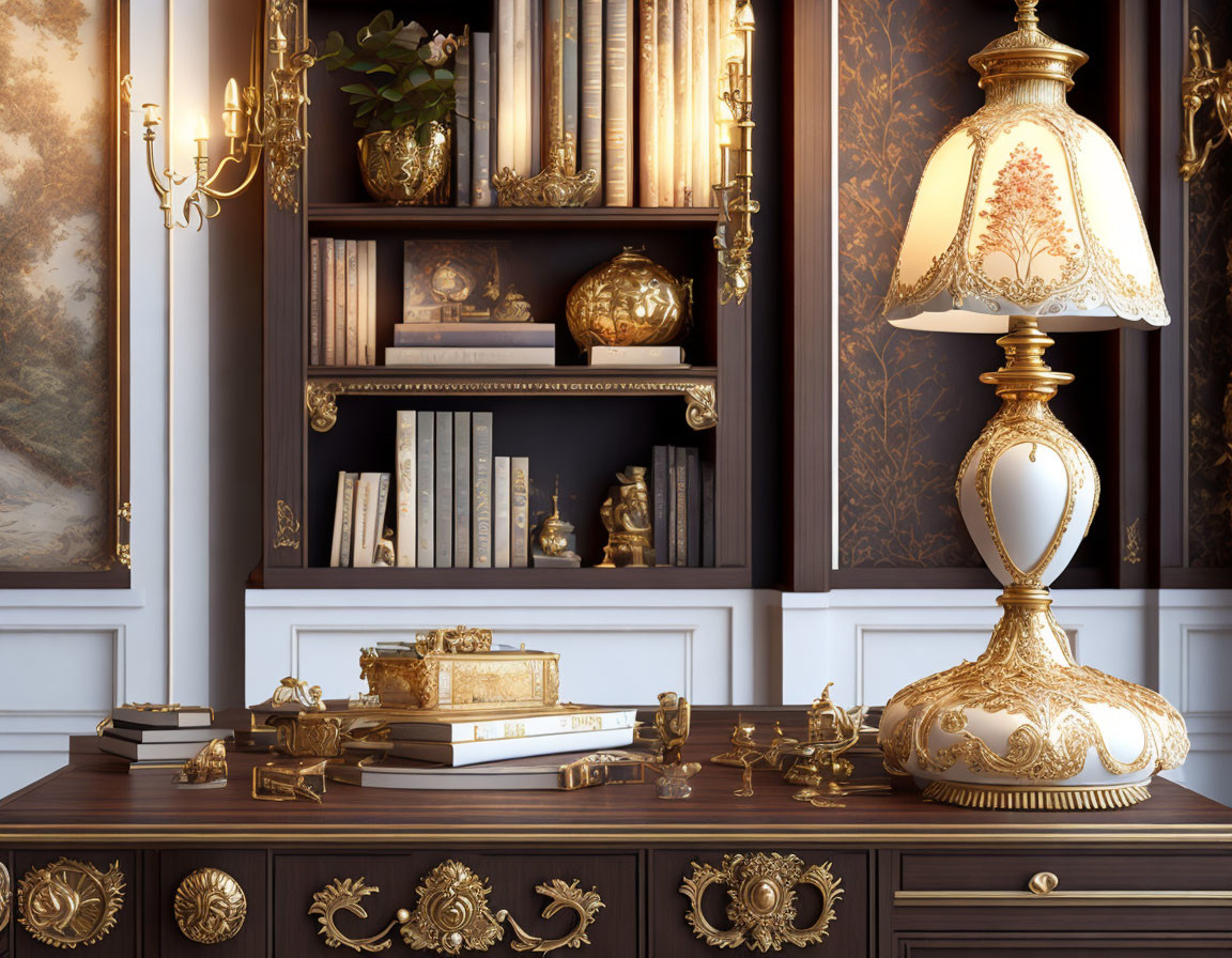 Vintage study with ornate lamp, wooden desk, decorative books, gold accents