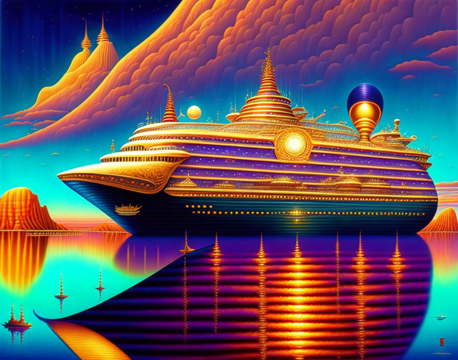 Futuristic cruise ship with vibrant golden and purple hues on calm waters