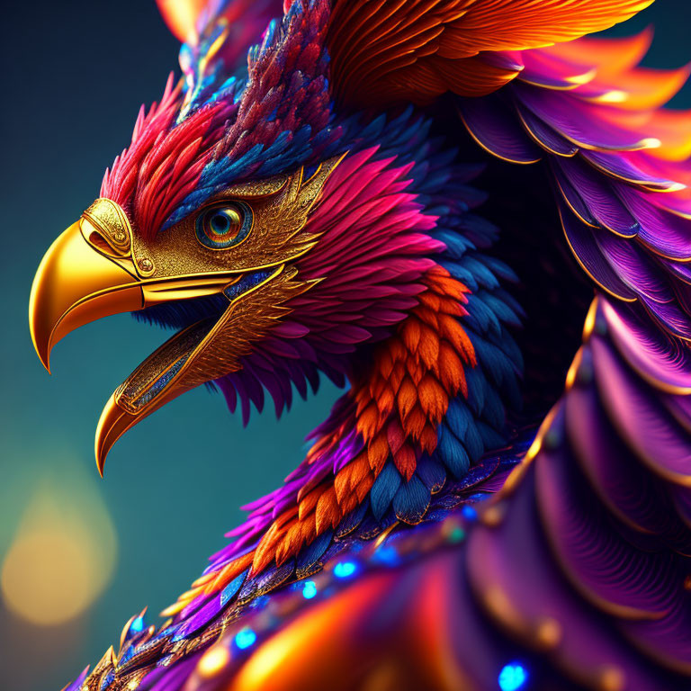 Colorful mythical bird with golden beak in vibrant digital artwork