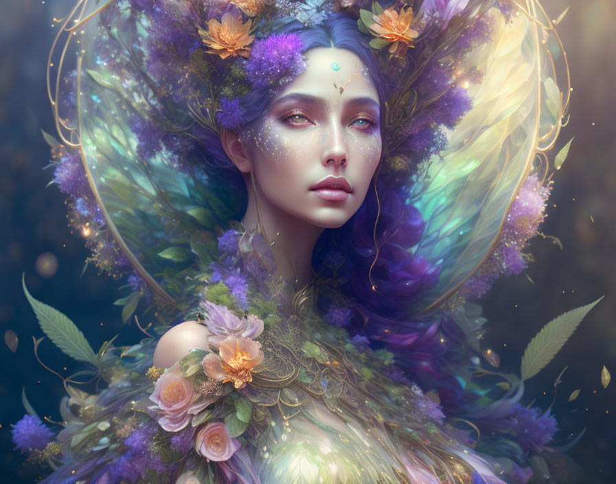 Ethereal woman with floral hair in magical portrait