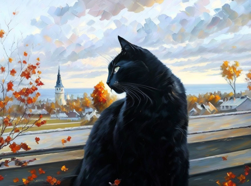 Black Cat in Autumn Church Landscape Under Cloudy Sky