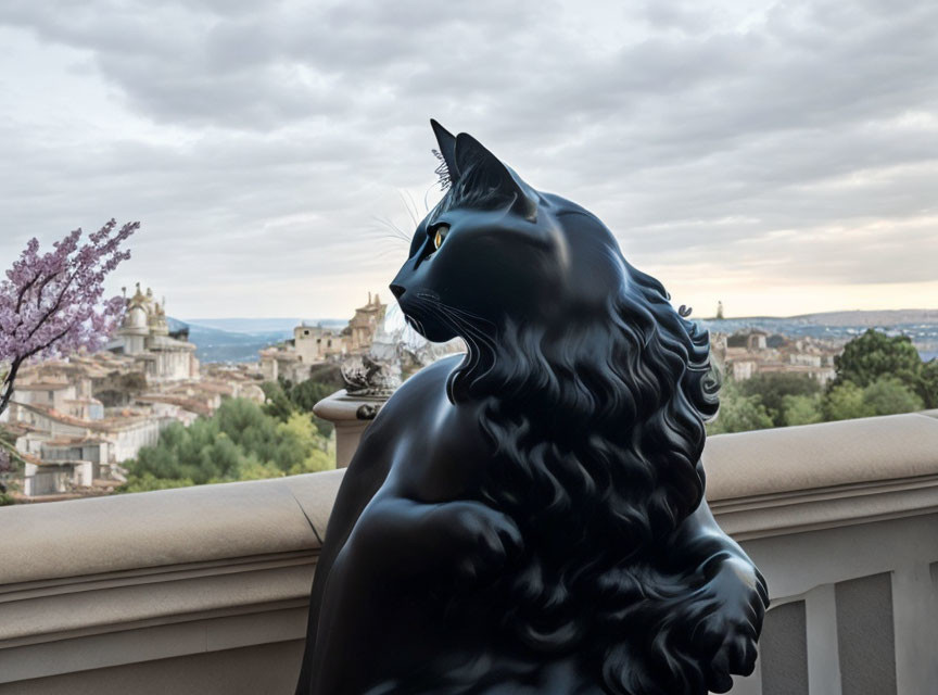 Black Cat Sculpture Overlooking Cityscape and Blossoming Tree